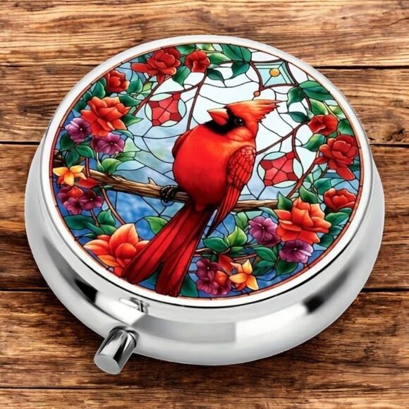 Red Cardinal Bird Pill Box Medicine Mini Stainless Steel Case Mirrored Travel - Picture 6 of 7